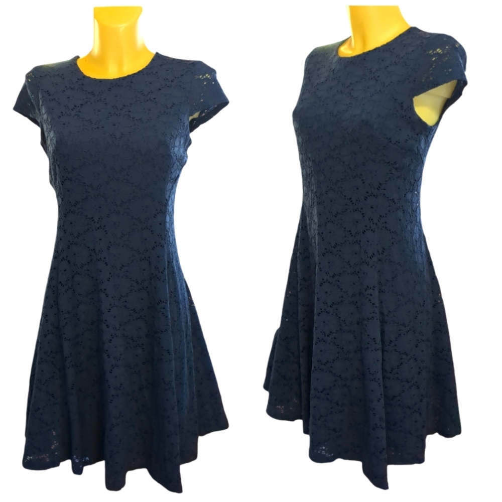 ALFANI Navy Lace Overlay Multilayer Midi Short Sleeve Dress